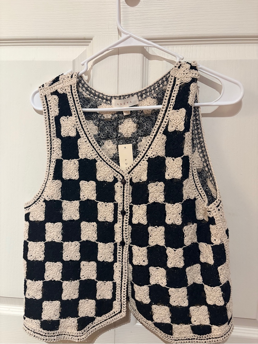 Adiva Black and Cream Crochet Checkered Tunic Vest